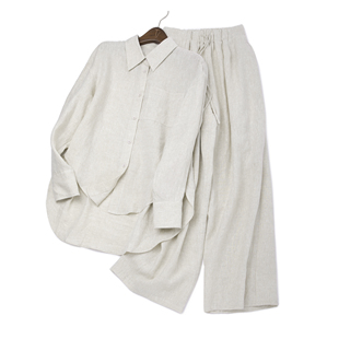 LEMAER乐玛尔 100%LINEN前短后长衬衫&松紧长裤亚麻宽松休闲套装