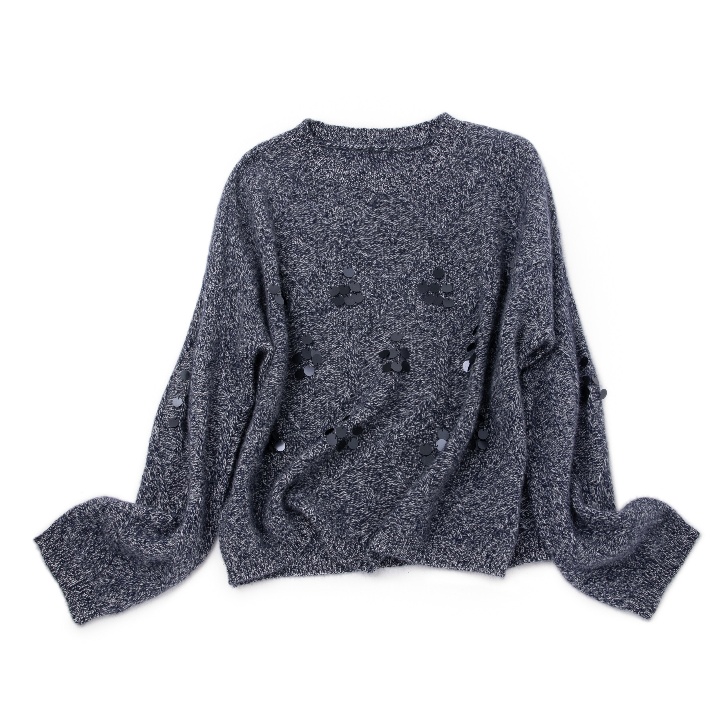 慵懒风花纱拉毛羊绒衫女亮片点缀