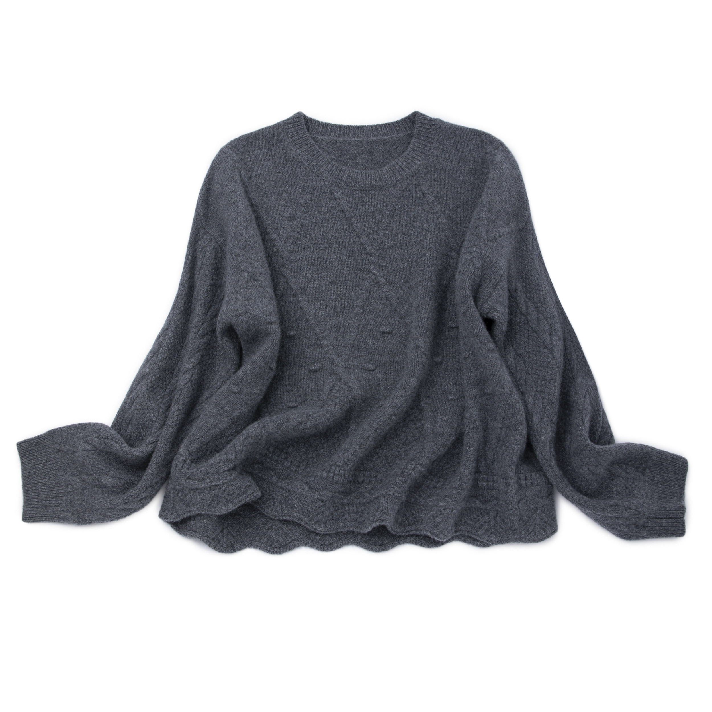 LEMAER乐玛尔 意单100%CASHMERE圆领麻花3D纹理花边下摆羊绒衫