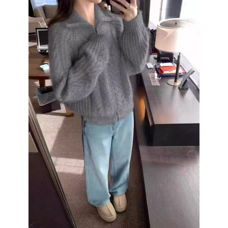 25秋冬加厚扭花高领羊毛衫外套女拉链上衣宽松高级感针织开衫毛衣