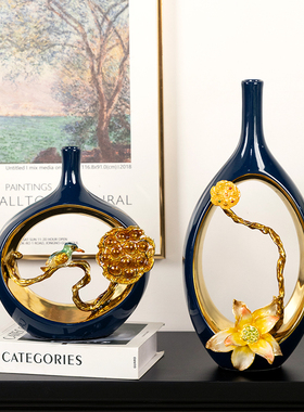 新中式轻奢珐琅彩陶瓷赏瓶艺术摆件创意高端客厅玄关家居装饰品