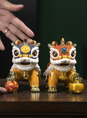 珐琅彩中式招财醒狮摆件舞狮吉祥玄关酒柜装饰品新年礼物乔迁礼品