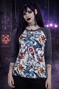 美单漫*威M*ARVEL双面穿插肩七分袖摇滚朋克街头复古青少年t恤