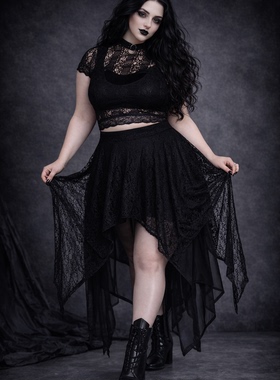 原KS暗黑哥特亚文化朋克摇滚街头蕾丝不规则半身女-巫裙半身长裙