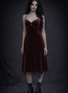 美单H0t T0pic暗黑哥特风亚文化朋克摇滚红丝绒十字架吊带连衣裙