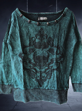 德单E@MP暗绿色做旧水洗金属骷髅哥特暗黑亚文化摇滚朋克长袖t恤