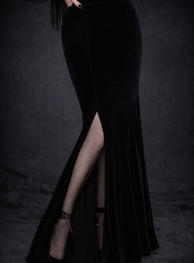 原KS暗黑哥特亚文化朋克摇滚丝绒鱼尾半身裙女修身显瘦开叉包臀裙