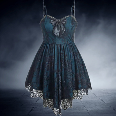 原D 大码暗黑哥特亚文化法式蕾丝蝴蝶结不规则街头吊带连衣裙