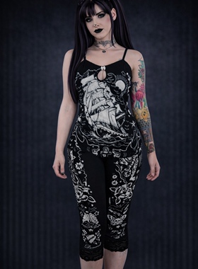 美国潮牌 pin up摇滚朋克哥特复古打底裤吊带套装纹身rockabilly
