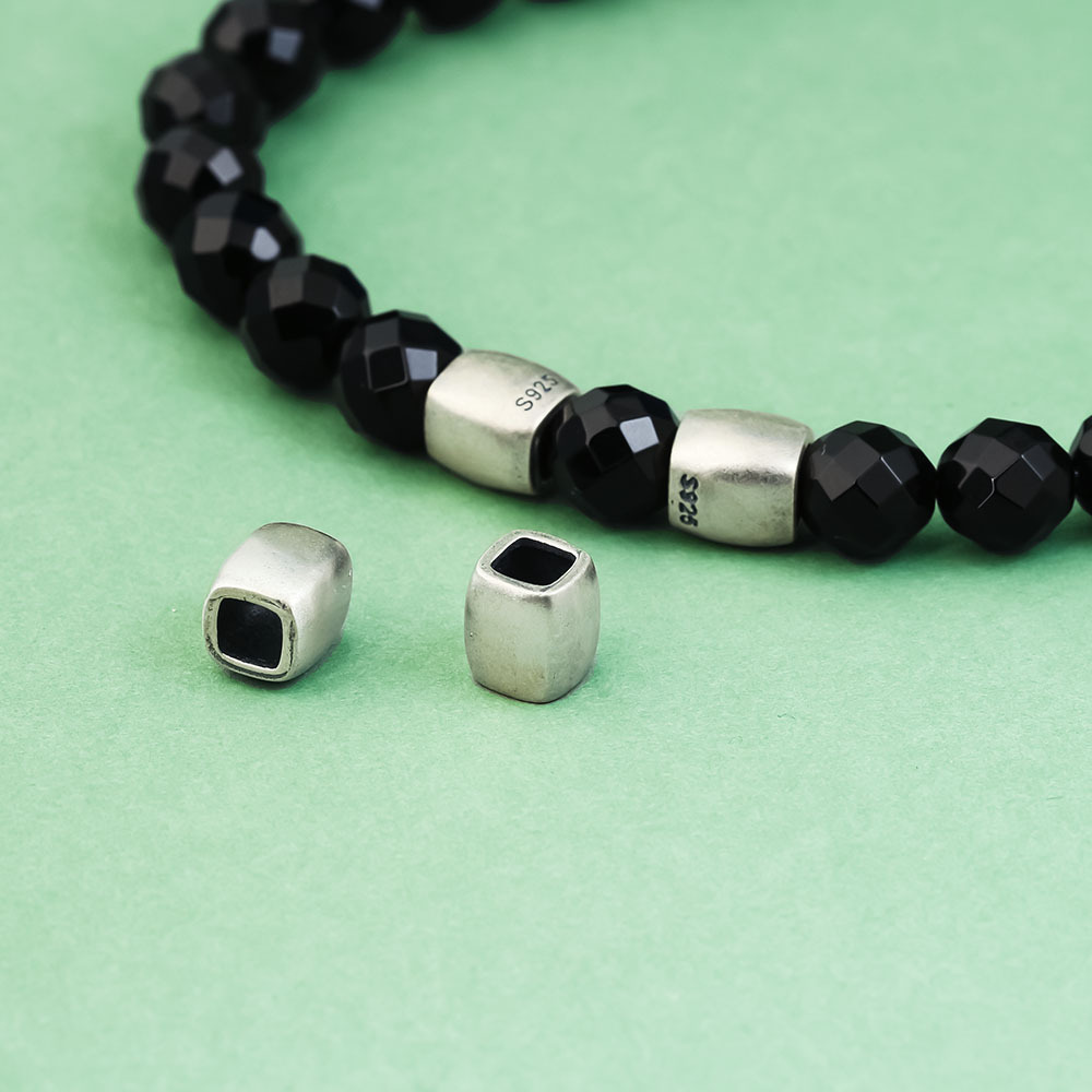 S925纯银复古哑光大孔珠方圆桶珠做3mm挂绳调节编织手绳DIY配件