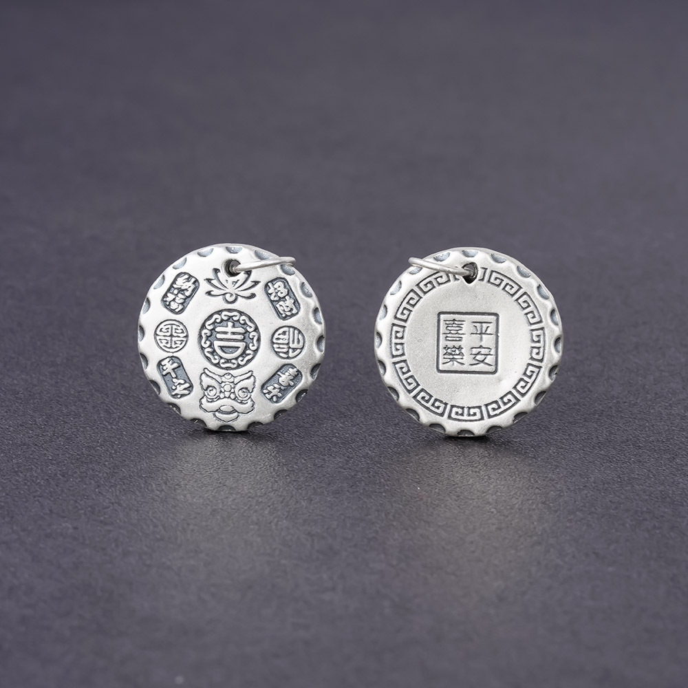 20mm醒狮吉言双面圆牌吊坠s999足银3d硬银新中式手绳银饰配件材料