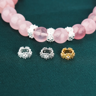 S925纯银镀金镶钻雪花隔珠车轮珠配件DIY手工串珠手链散珠串饰