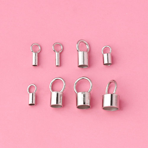 S925纯银3mm4mm皮绳蜡绳套管扣头手绳项链出尾扣带环连接扣银配件