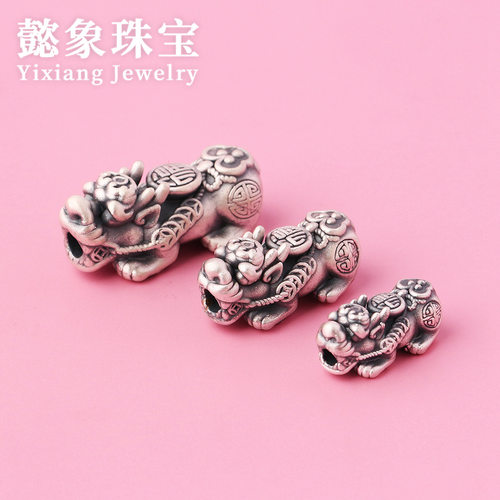 S999银3D硬银复古福字貔貅DIY手工编织红绳配件钱币转运珠手串