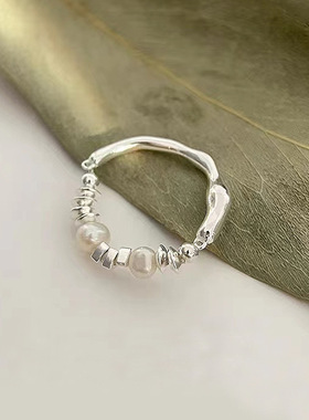 半成品925通体纯银碎银子珍珠戒指女小众设计ins潮时尚个性食指戒