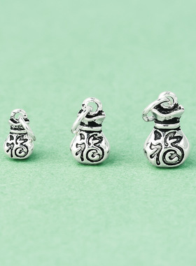 s925纯银复古泰银做旧实心小福袋吊坠diy手绳戒指手链银饰配件