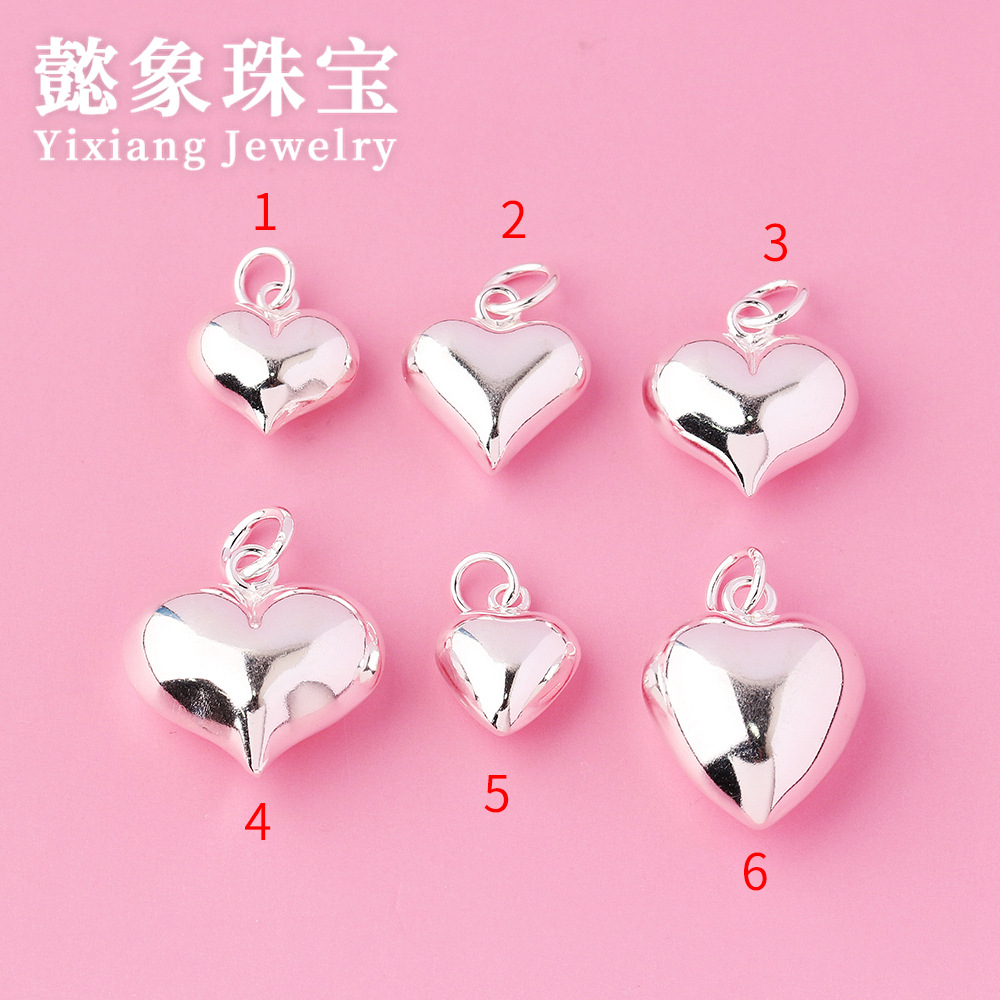 s925纯银立体大桃心项链吊坠饰品材料 diy编绳串珠手链心形挂件配