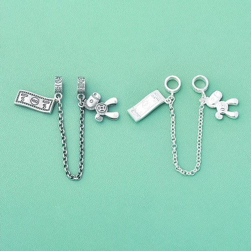 S925纯银马上有钱双坠子挂件带链条配件DIY珍珠手链吊坠配饰