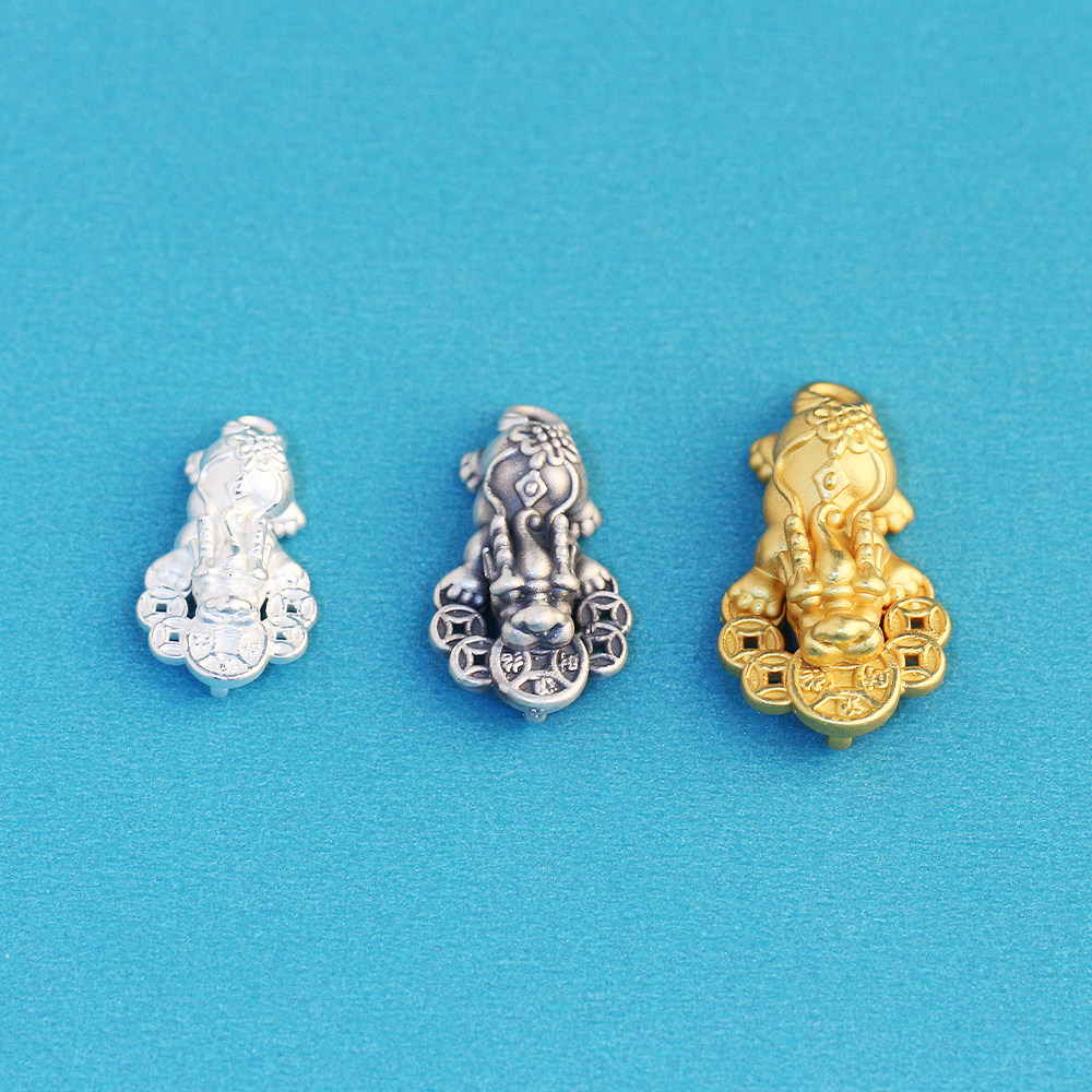 S999足银3D硬银复古五帝钱貔貅隔珠diy串珠编绳手链银饰配件材料