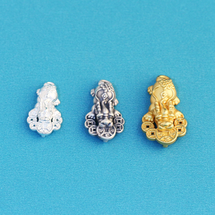 S999足银3D硬银复古五帝钱貔貅隔珠diy串珠编绳手链银饰配件材料