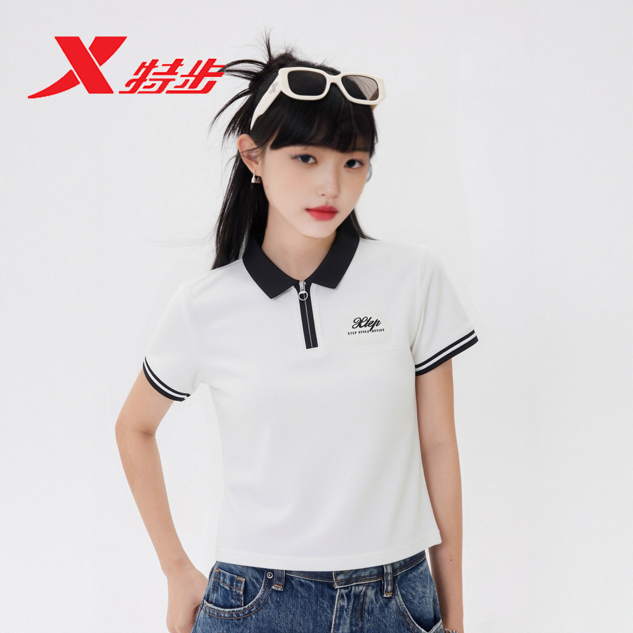 特步POLO衫女款运动T恤2026夏季款休闲透气短袖冰丝速干运动上衣