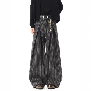 轻奢打褶条纹毛呢休闲裤 裤 男春季 阔腿长裤 高级感宽松加厚西裤 美式