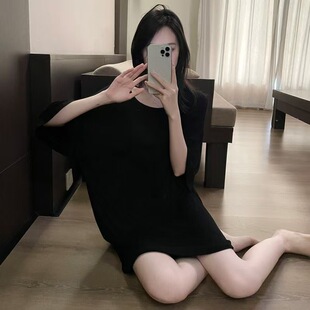 简约睡裙女夏季薄款休闲宽松大码圆领宽松版短袖纯色中短款连衣裙