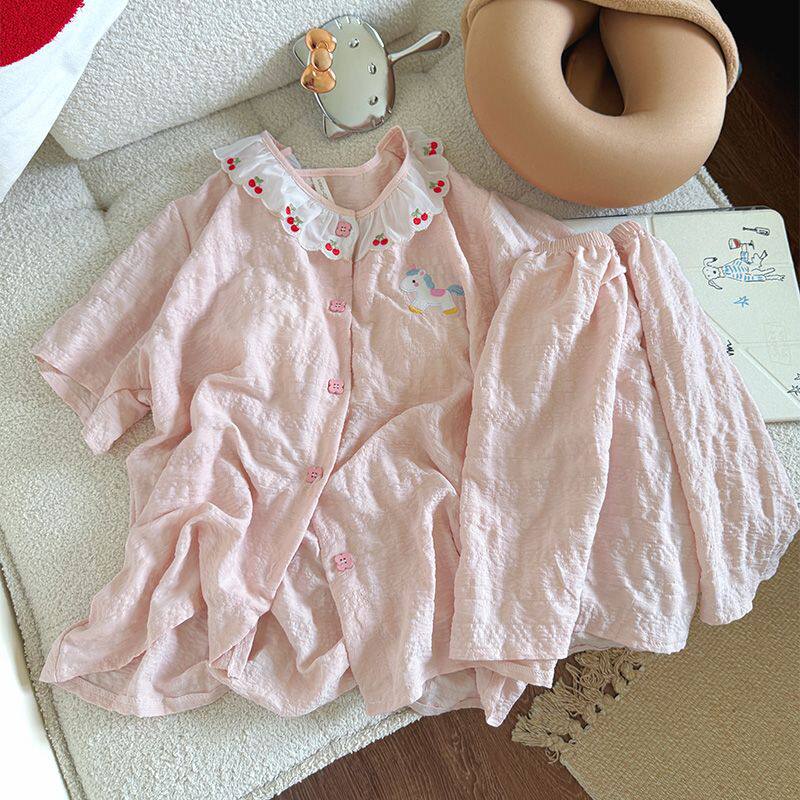 睡衣女款云朵棉带胸垫开衫短袖夏季新款卡通大学生宿舍家居服套装