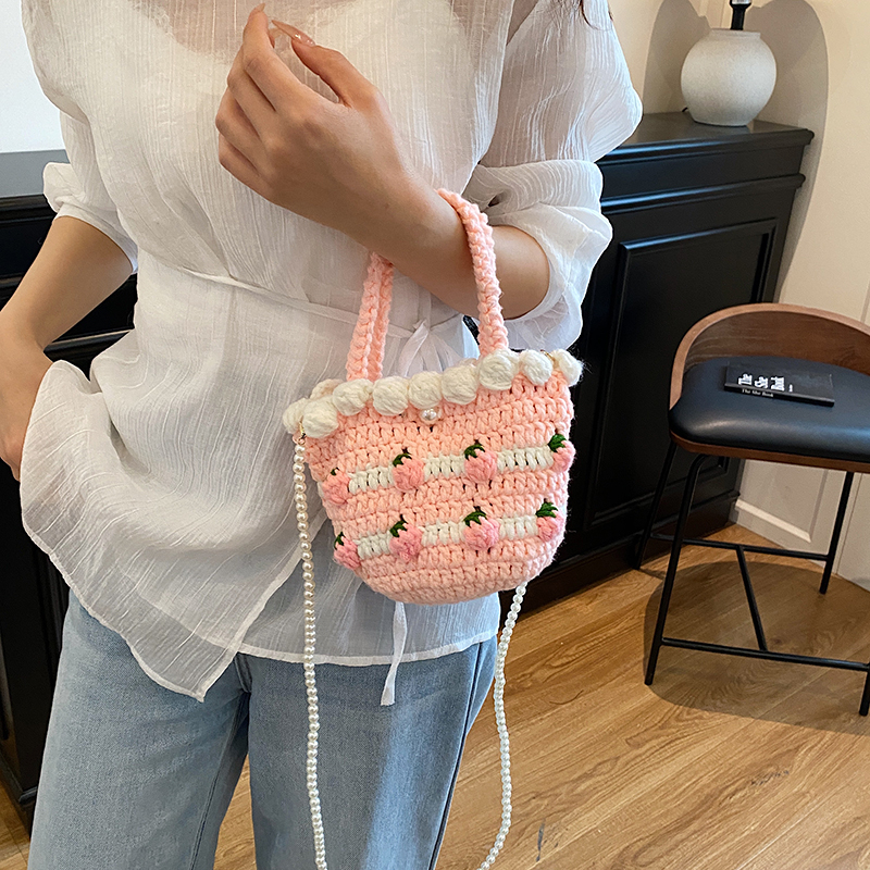 珍珠链条粉色韩系文艺毛线手提