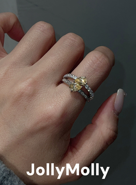 JollyMolly925银原创设计轻奢礼物百搭重工高碳钻双层黄水滴戒指