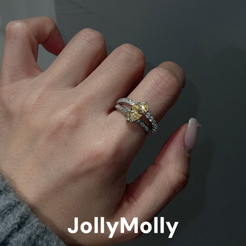 JollyMolly925银原创设计轻奢礼物百搭重工高碳钻双层黄水滴戒指