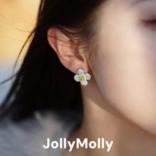 JollyMolly925银原创设计耳环轻奢礼物百搭重工高碳钻黄花蕊耳钉