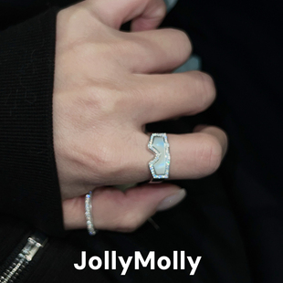 JollyMolly925银原创设计轻奢精致礼物百搭重工白贝母滑雪镜戒指