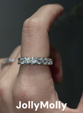 JollyMolly925银原创戒指闺蜜礼物轻奢百搭重工满钻圆钻链条戒指