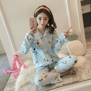 春季长袖纯棉质纽扣开衫睡衣女春秋加肥加大码月子套装女士家居服