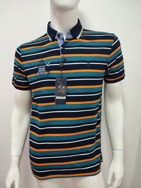 博斯样衣男士夏季翻领短袖t恤丝光棉时尚条纹精致绣花 胸围102