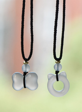 情侣款天然冰透玉髓猫耳朵项坠男女款 玉骨头玛瑙吊坠玉挂件猫头