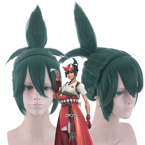 雾子COS墨绿马尾M字刘海假发