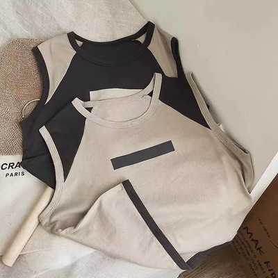 薄ch美拼色~日系纯棉潮酷~韩版夏季儿童无袖背心男女宝个性T恤森