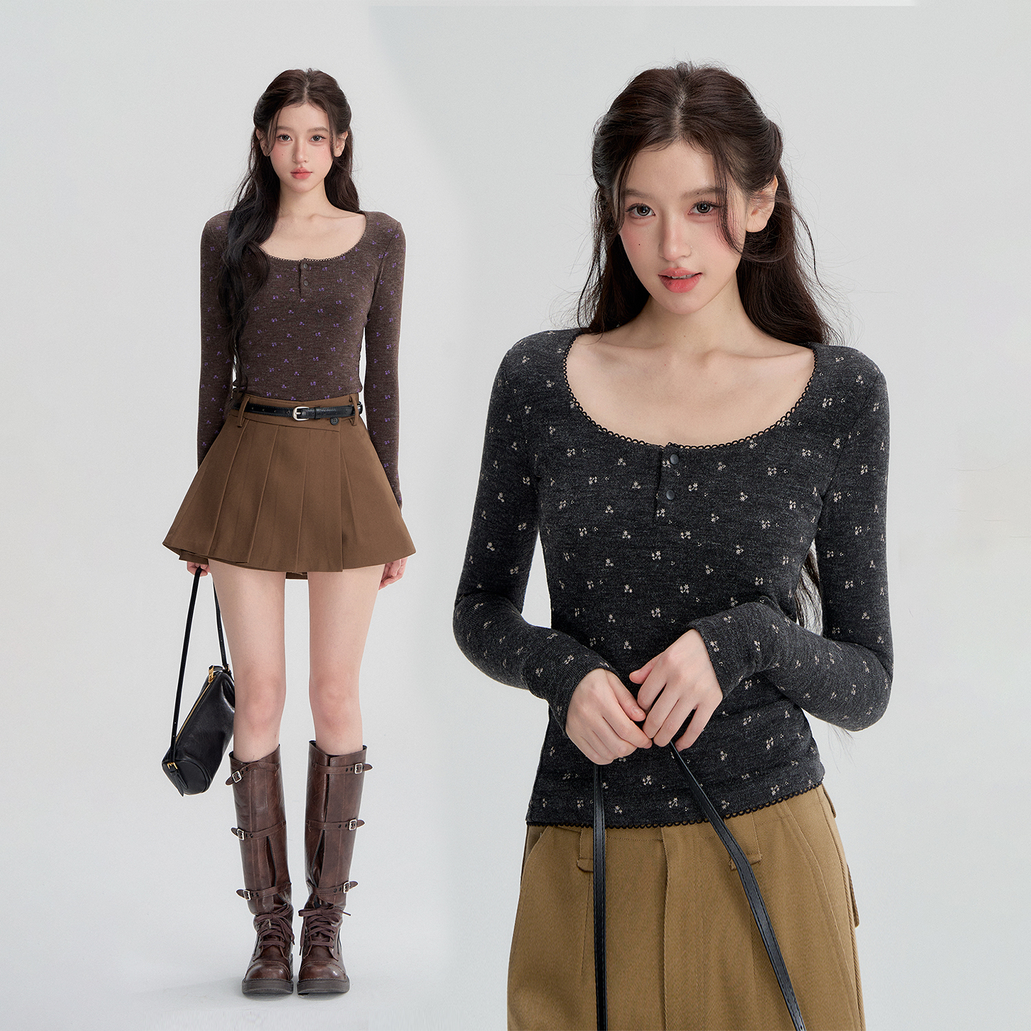 iamannieww秋冬季女装上衣碎花U领针织打底衫修身显瘦百搭长袖T恤