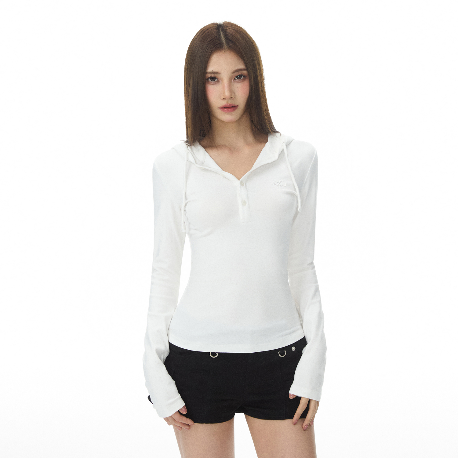 iamannieww秋季女装上衣 洋气修身显瘦针织抽绳连帽长袖运动T恤潮