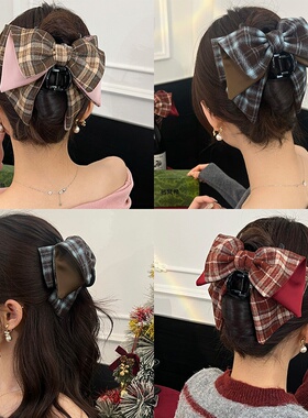 新款学院风格纹蝴蝶结高马尾夹女韩系抓夹轻奢美拉德格纹发饰头饰