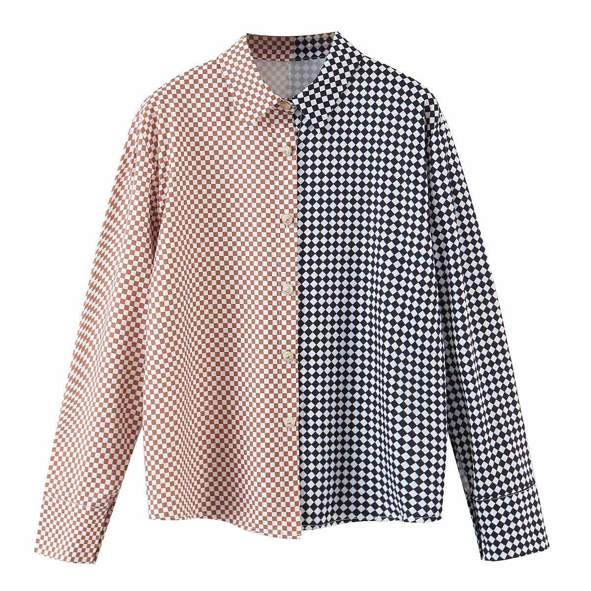 2021春季新款西班牙外贸女装拼色小格子印花衬衣个性撞色衬衫在类目 女装/女士精品, 衬衫中 - 来自Buy2taobao.com提供专业的淘宝代购服务