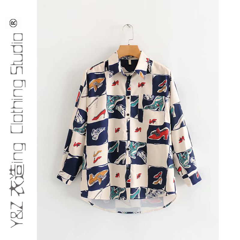 小众流行设计女装2019秋装新款翻领高跟鞋印花衬衣垂坠感衬衫在类目 女装/女士精品, 衬衫中 - 来自Buy2taobao.com提供专业的淘宝代购服务