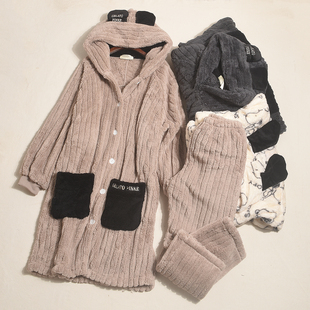 捡漏外贸箪情侣款珊瑚绒秋冬厚实暖和两件套家居服中长款睡衣浴袍