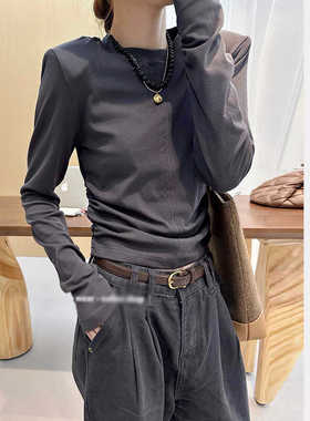 欧洲站2024秋季洋气短款辣妹风打底垫肩长袖T恤纯色简约内搭上衣