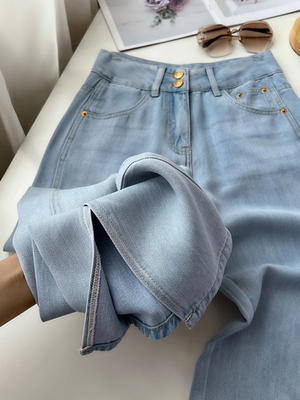 清仓断码捡漏欧货天丝牛仔裤女夏季薄款高腰开叉显垂坠感阔腿裤子