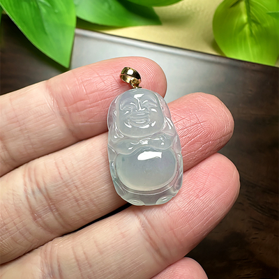 翡翠A货佛公吊坠老坑冰种飘蓝花