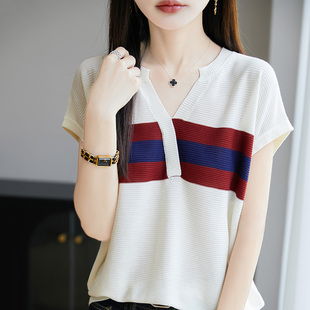 上衣 拼色立体感条纹休闲凉爽短袖 欧货高端天丝V领落肩袖 T恤女时尚