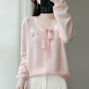 漂亮甜美绑带蝴蝶结刺绣小花羊毛毛衣韩系超好看舒适洋气针织开衫